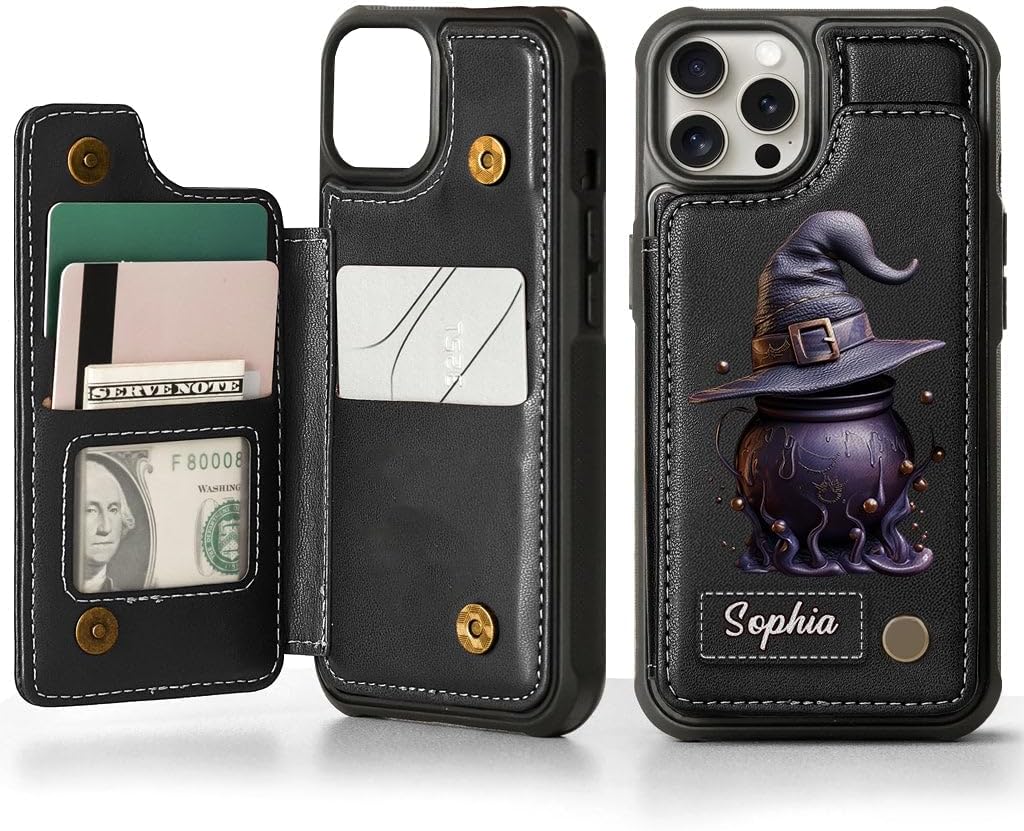 Magical Hat And Cauldron - Personalized Witch Wallet Phone Case, Halloween Birthday Gift Idea For Yourself, Women, Witch Lovers, Spooky Gothic Case For iPhone