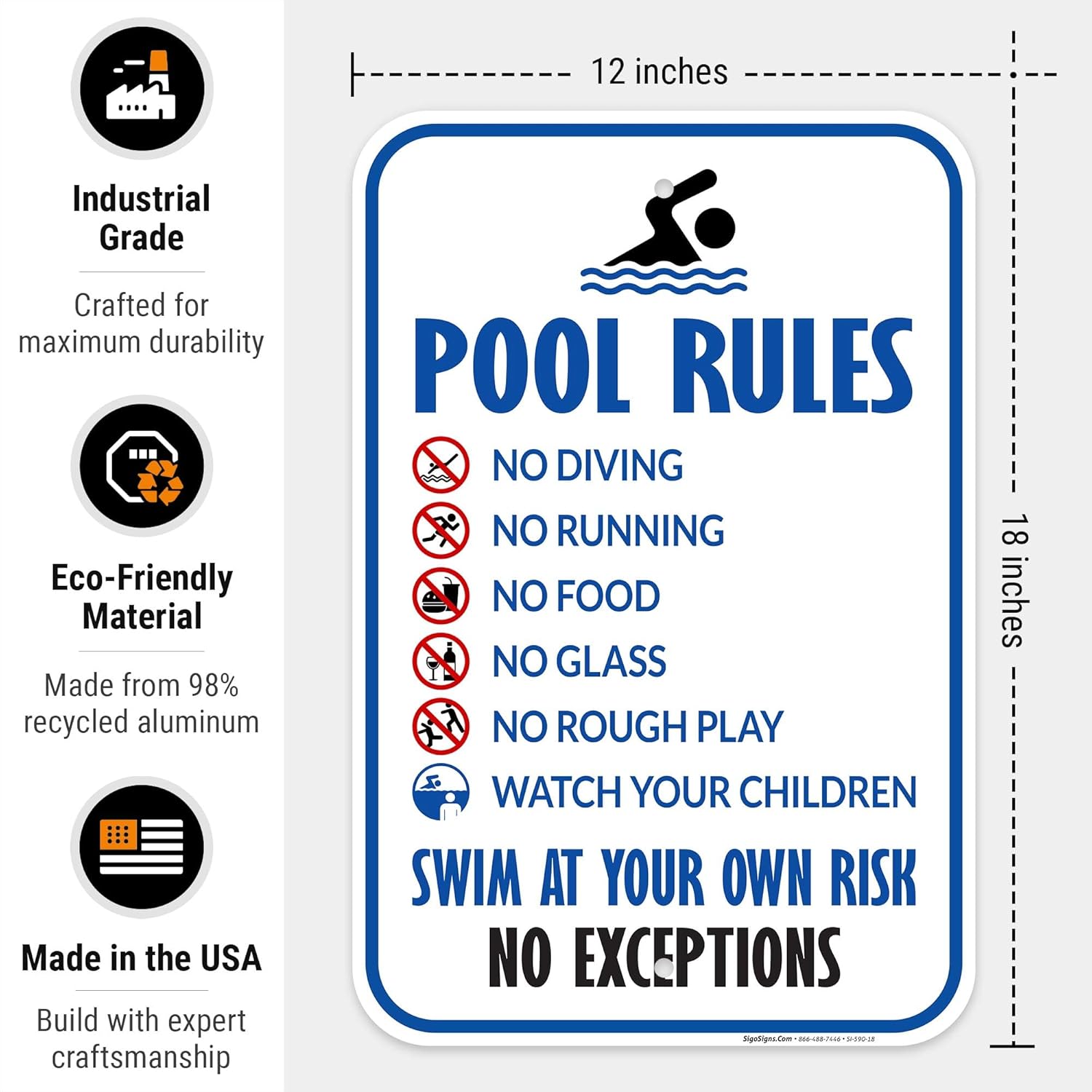 Pool Rules Sign, No Diving No Running No Food No Glass, 12x18 Inches, Rust Free .063 Aluminum, Fade Resistant, Made in USA