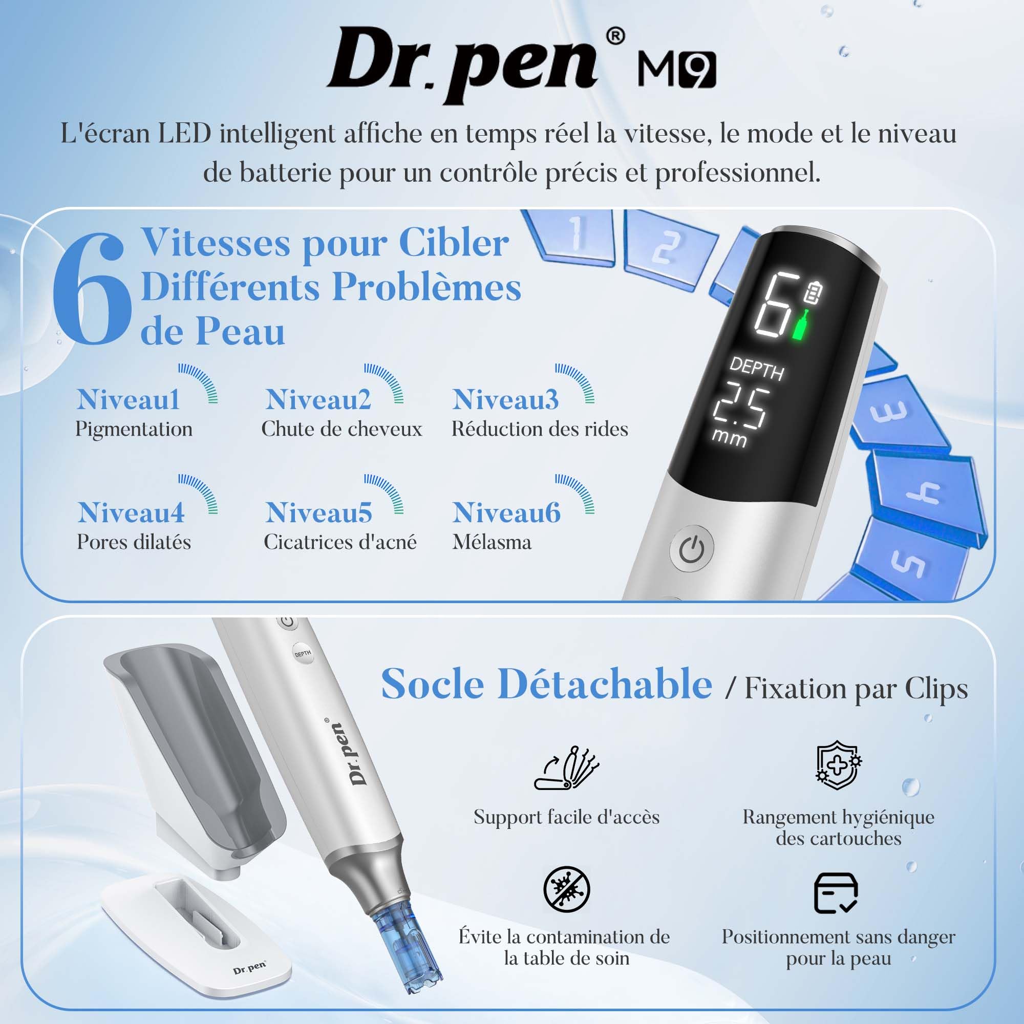 Dr. pen M9 Stylo Microneedling avec 10 Cartouches, Nouveau Modèle 2026, 6 Niveaux et Affichage LED Dermapen avec Base de Rangement, pour Visage Corps Cheveux Barbe Croissance