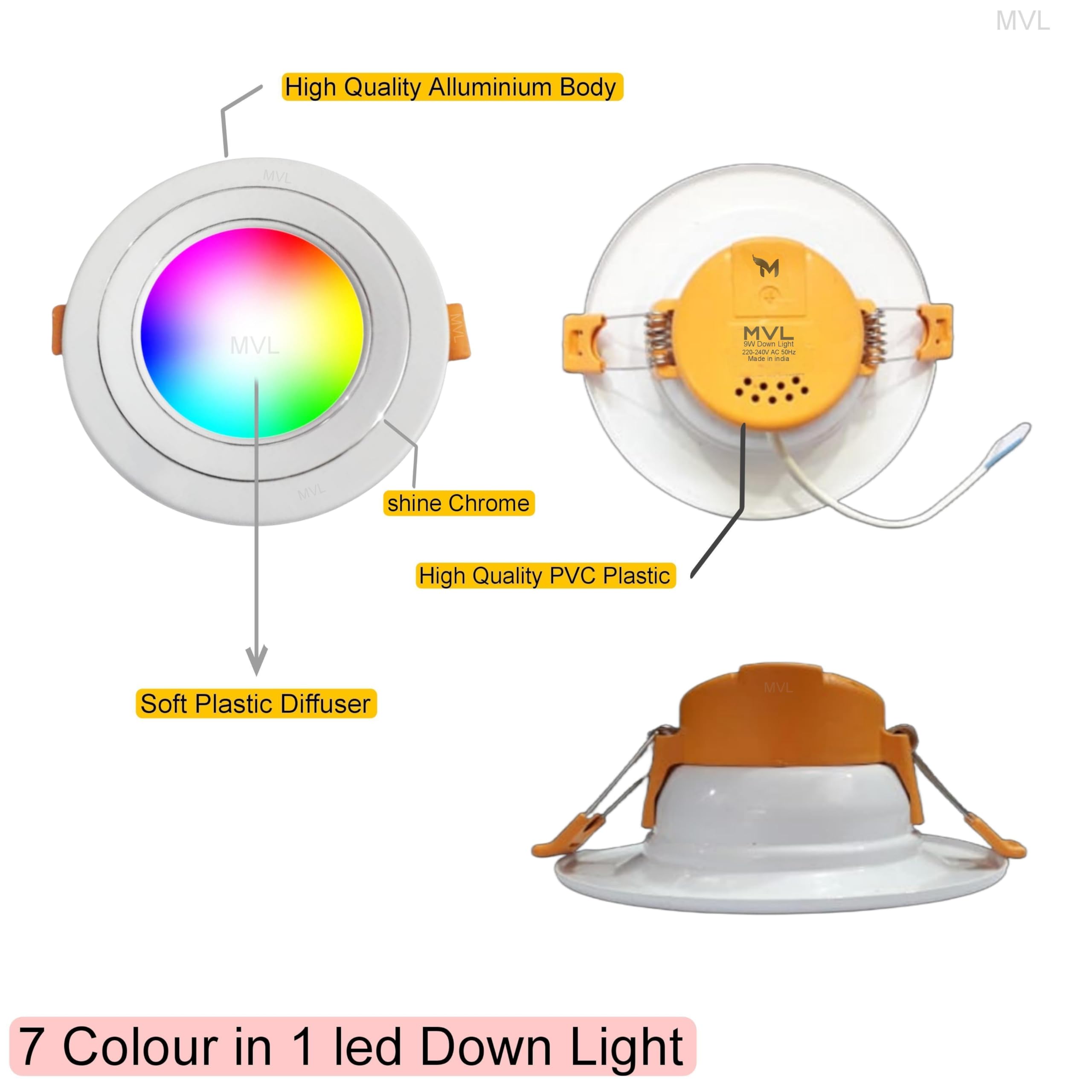 MVL Light Mvl 9 Watt 9 In 1 Multicolour Led Ceiling Down Light (Red/Pink/Blue/Yellow/Violet/Green/Sky Blue/White,Aluminium) Pack Of 4 1