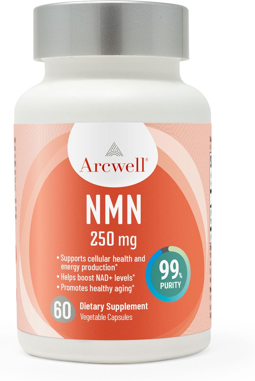 Arcwell NMN (Nicotinamide Mononucleotide) 250 mg per Capsule | NAD+ Boost Supplement | 99% Ultra Pure NMN | Supports Cellular Health & Energy Production (60 Veggie Caps)