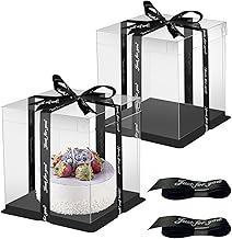 Cake Boxes Transparent Gift Box 30 x 30 x 25 cm Cake Box Transport Box Cake Gift Box Transparent Reusable with Base and Ribbon for Birthday Dessert Pack of 2 (Black)