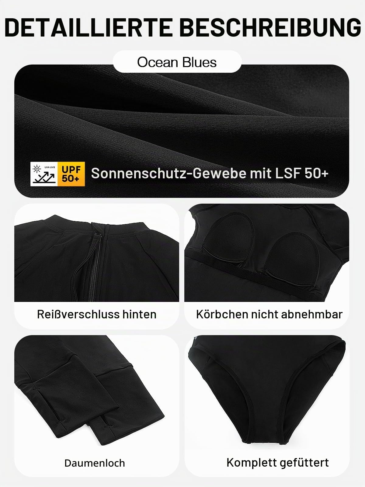 Ocean Blues Damen Langarm Badeanzug mit Hinten Reißverschluss Einteiliger Schwimmanzug mit Rundhalsausschnitt UV 50+ Schutz für Schwimmen & Wassersport