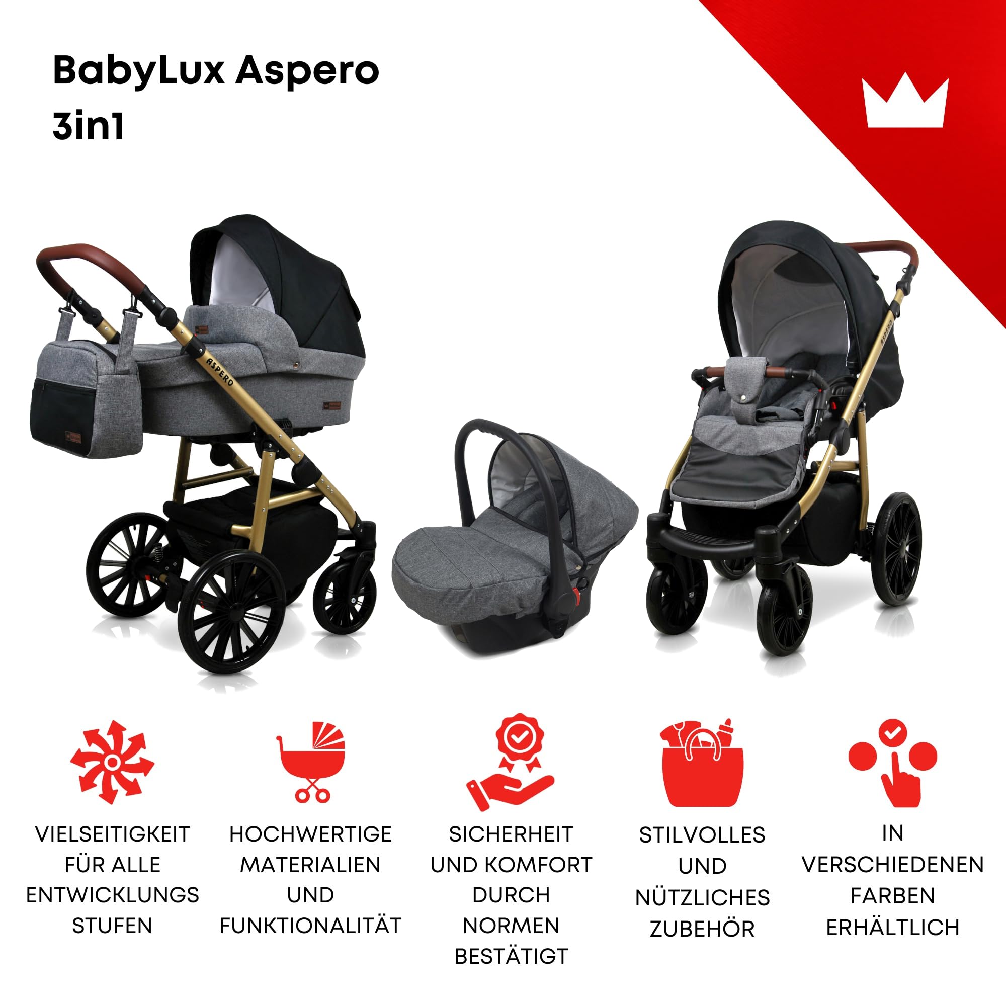 BabyLux® Carrito de Bebé Sistema de Viaje Set 3 en 1 - Aspero - incl. Capazo, Silla de Paseo, Silla Coche - Cochecito - con Bolso cambiador, Cubierta para la lluvia, Mosquitera etc.