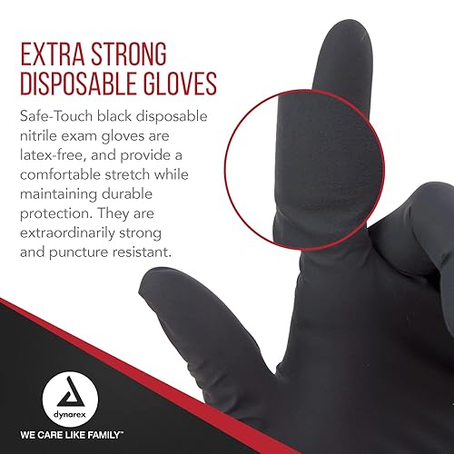 Miniatura 3 de Dynarex Safe-Touch - Guantes desechables de nitrilo negros para examen, sin polvo, utilizados en entornos sanitarios y profesionales, aplicación de