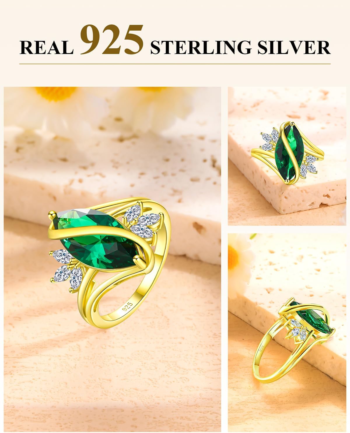 Marquise Cut Ring Sterling Silver Engagement Rings for Women Twist Marquise Flower Ring Created Sapphire/Ruby/Emerald/Aquamarine Gemstone Anniversary Jewelry Size 6-10 - Image 5