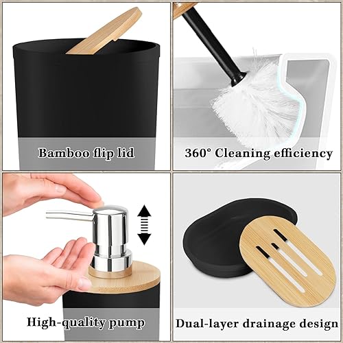 Miniatura 4 de Juego de accesorios de baño  Juego de 19 piezas de baño negro con cortina de ducha, basura, soporte para cepillo de inodoro y dispensador