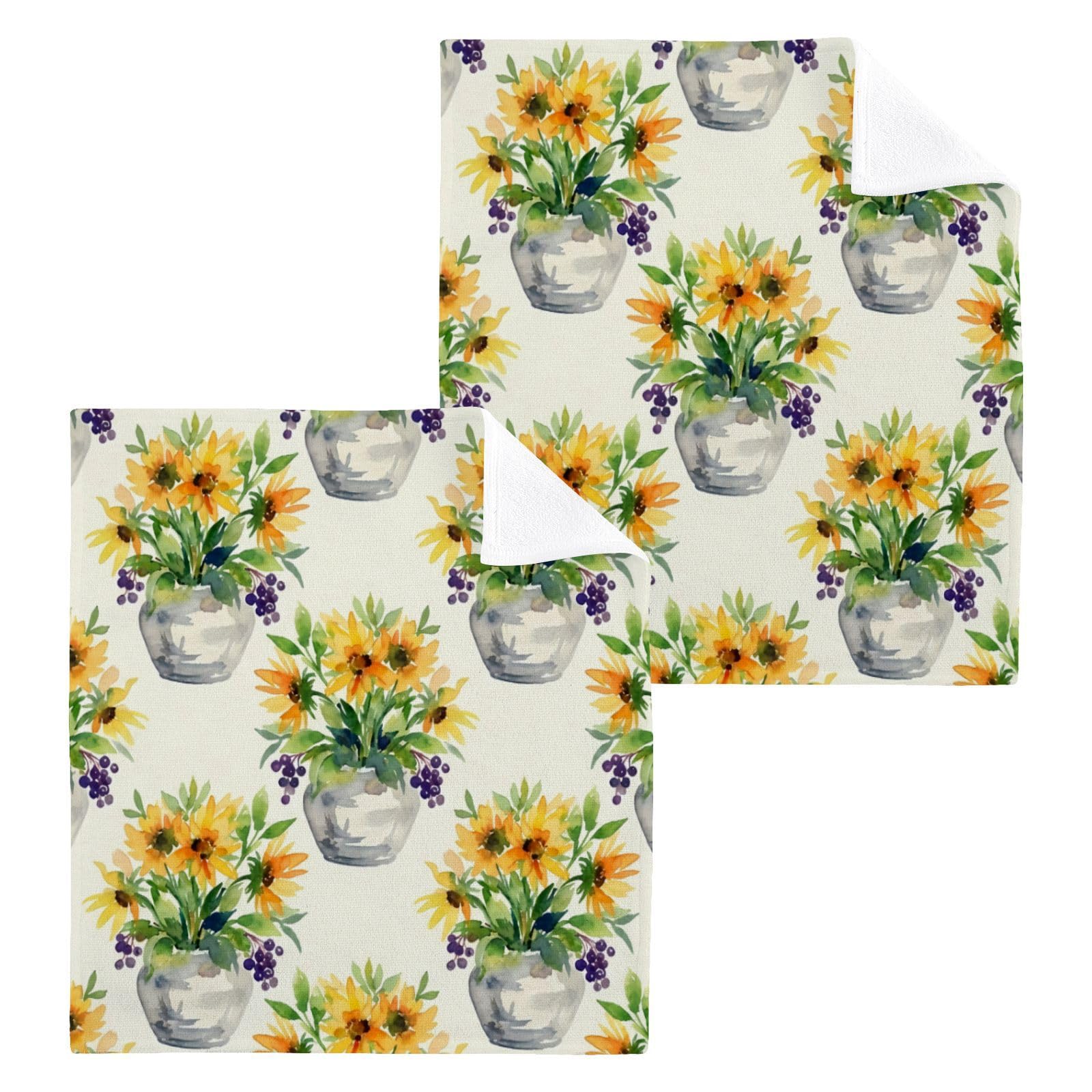 BOESI Sunflower Watercolor Pattern 12x12in Cotton Washcloth,Face Towel