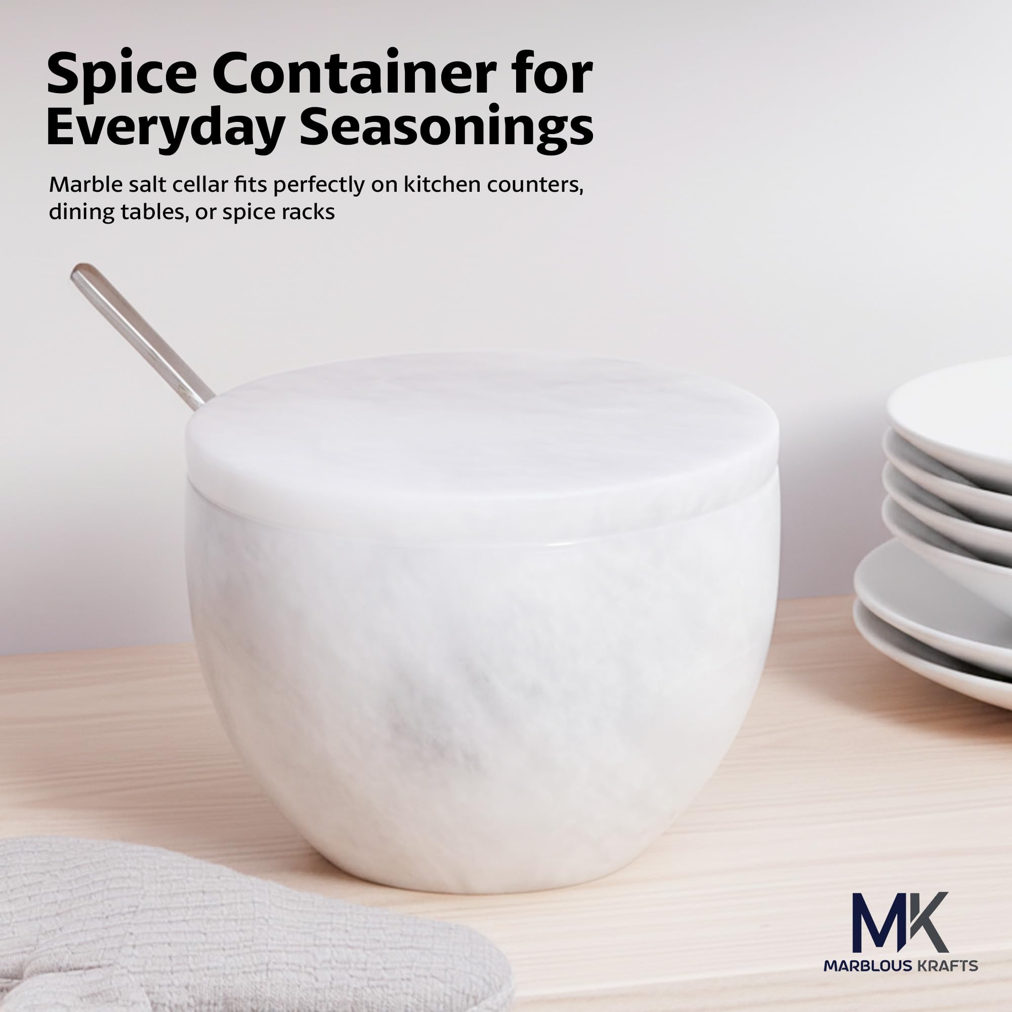 MARBLOUS KRAFTS, portasale in marmo con coperchio e cucchiaio, 3 x 4 pollici, barattolo bianco per condimenti da cucina, 133,2 g, ideale per spezie, zucchero e conservazione del sale