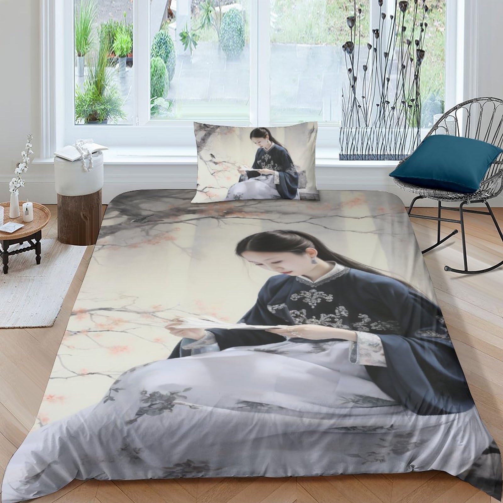 Housse de couette peinture chinoise en microfibre avec taies d'oreiller pour lit adulte
