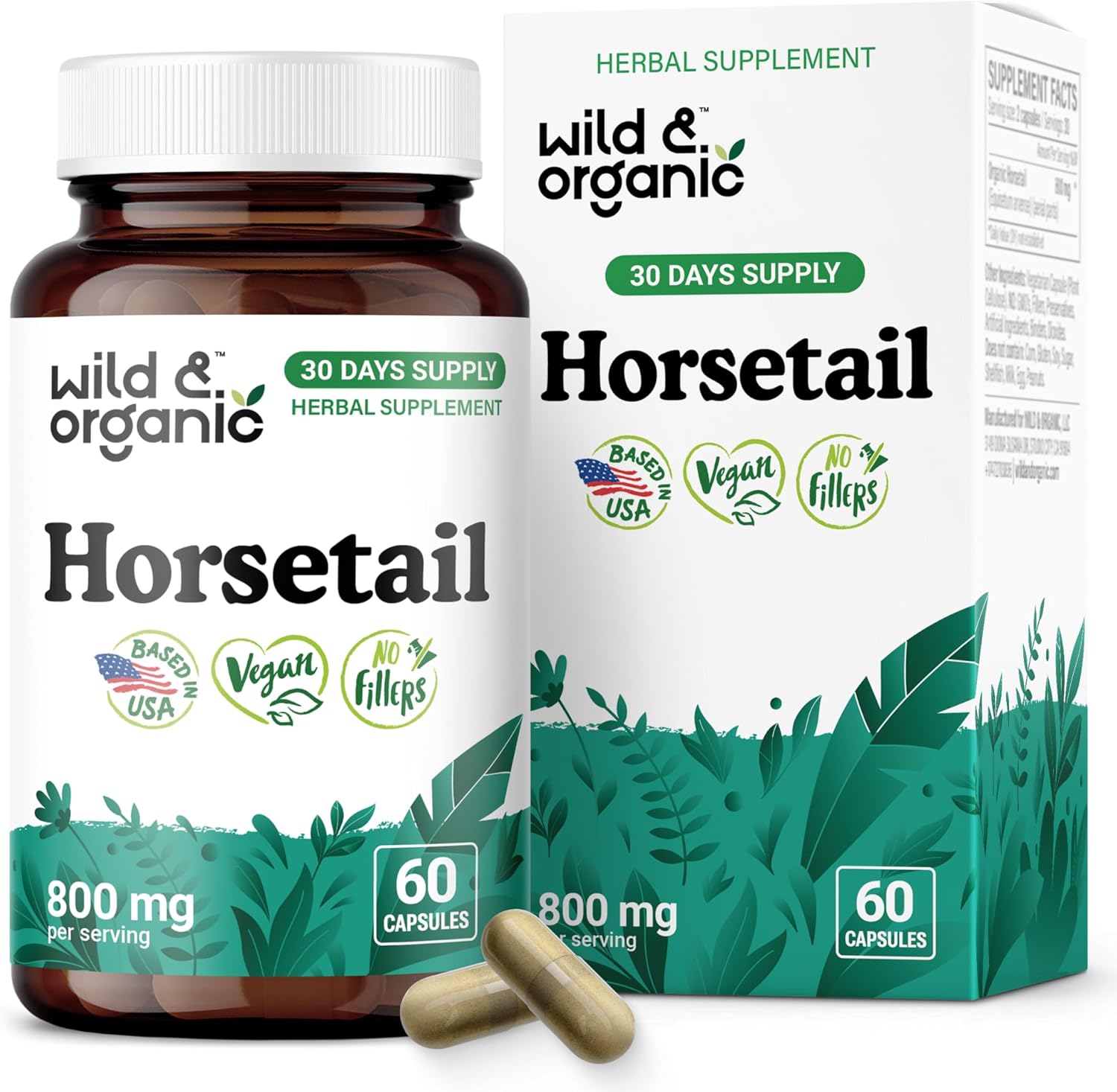 Wild & Organic Horsetail Herb Capsules 800 mg – Hair, Skin & Nail Support with Horsetail Extract Supplement – 60 Vegan Capsules – 30 Days Supply – No Fillers, Non-GMO