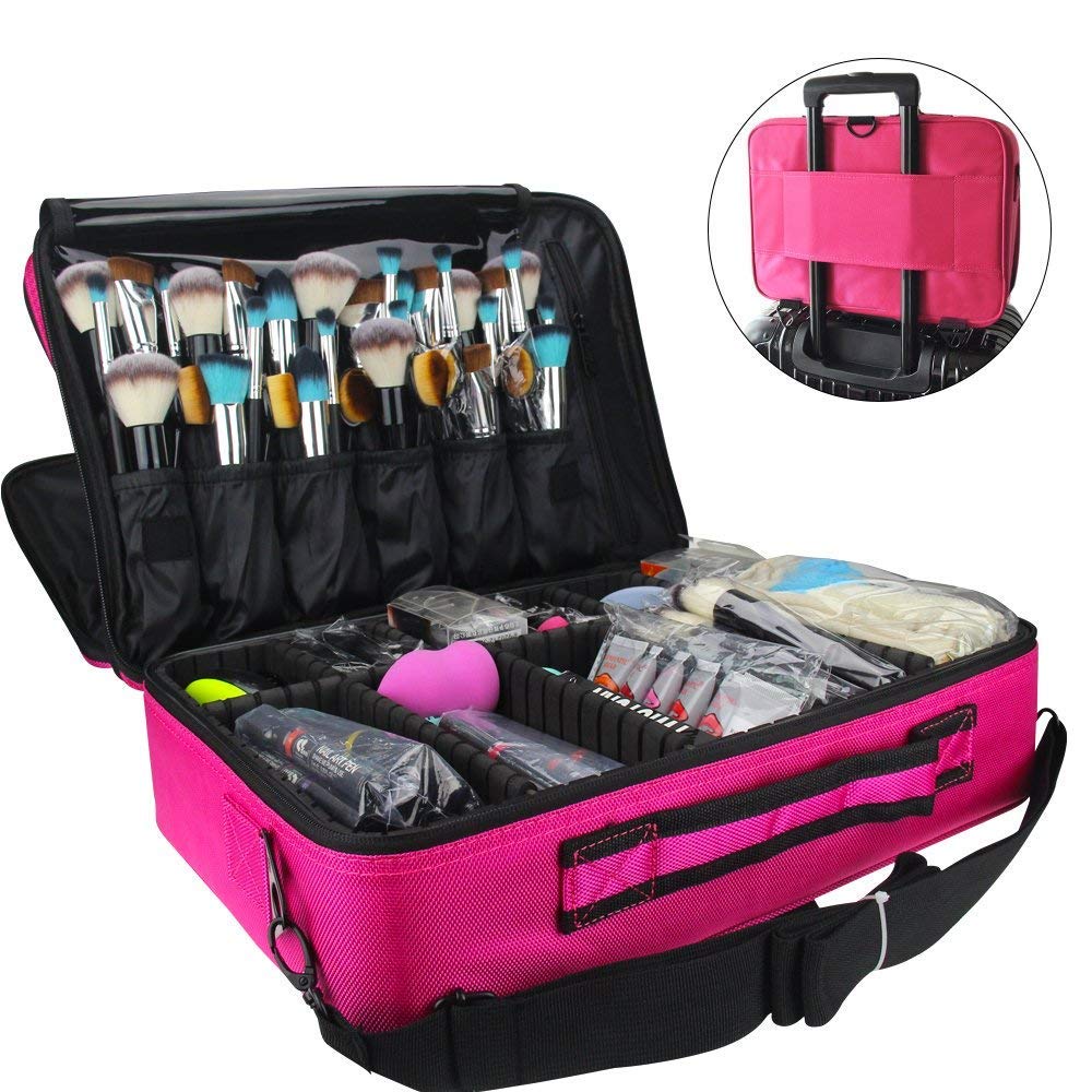 Adson Large Makeup Bag 3 Layers Professional Train Cosmetic Bag Makeup Organizer Case Portable Artist Storage Brush Box with Adjustable Dividers and Strap for Makeup Accessories (Pink) - Image 2 thumbnail