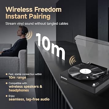 Retekess TR643 Vinyl Record Player, Turntable AT-3600L Cartridge | for Music Lovers, Entertainment, 33/45/78 RPM, Auto-Stop, Wireless Connectivity, with Headphone Jack