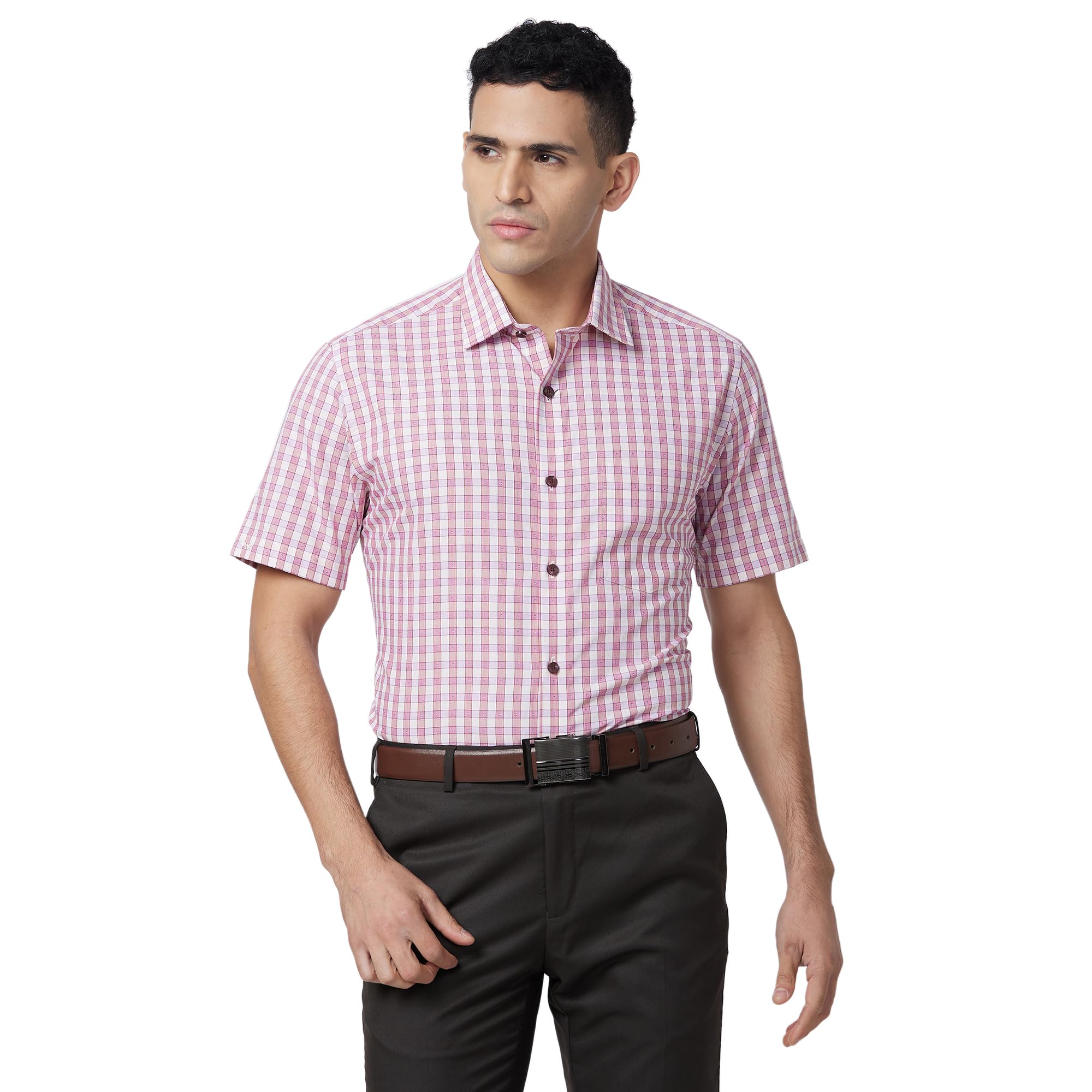 Men's Pure Cotton Checks Pattern Regular Fit Semi Cutaway Collar Half Sleeve Formal Shirt-image-10