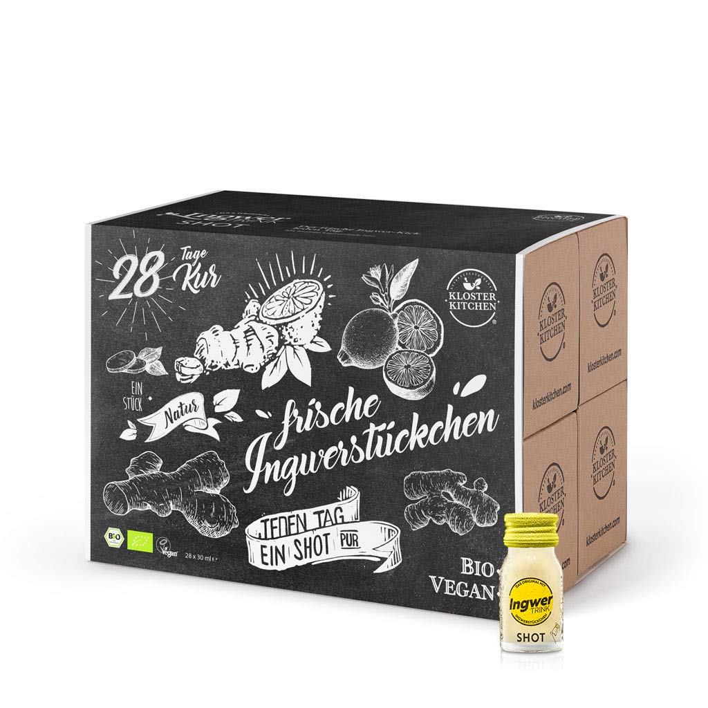 Kloster Kitchen Jengibre 28 x 30 ml | Shot de jengibre orgánico vegano en botella de cristal To Go | dulce-picante sin aditivos y con dulzor natural
