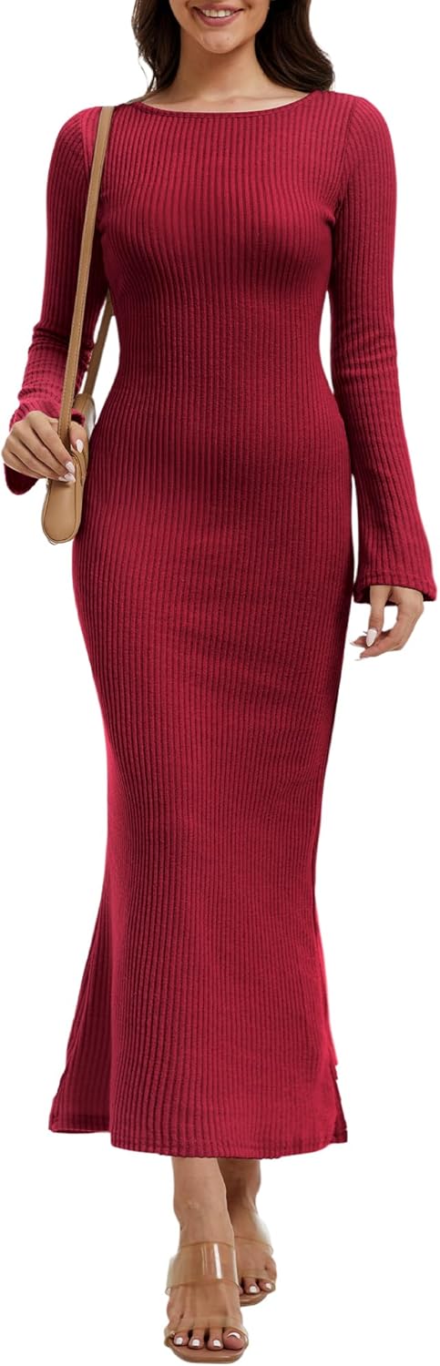 Women Maxi Sweater Dresses Bodycon Long Ribbed Knit Dress Crew Neck Long Sleeves Slim 2025 Trendy Winter Outfit
