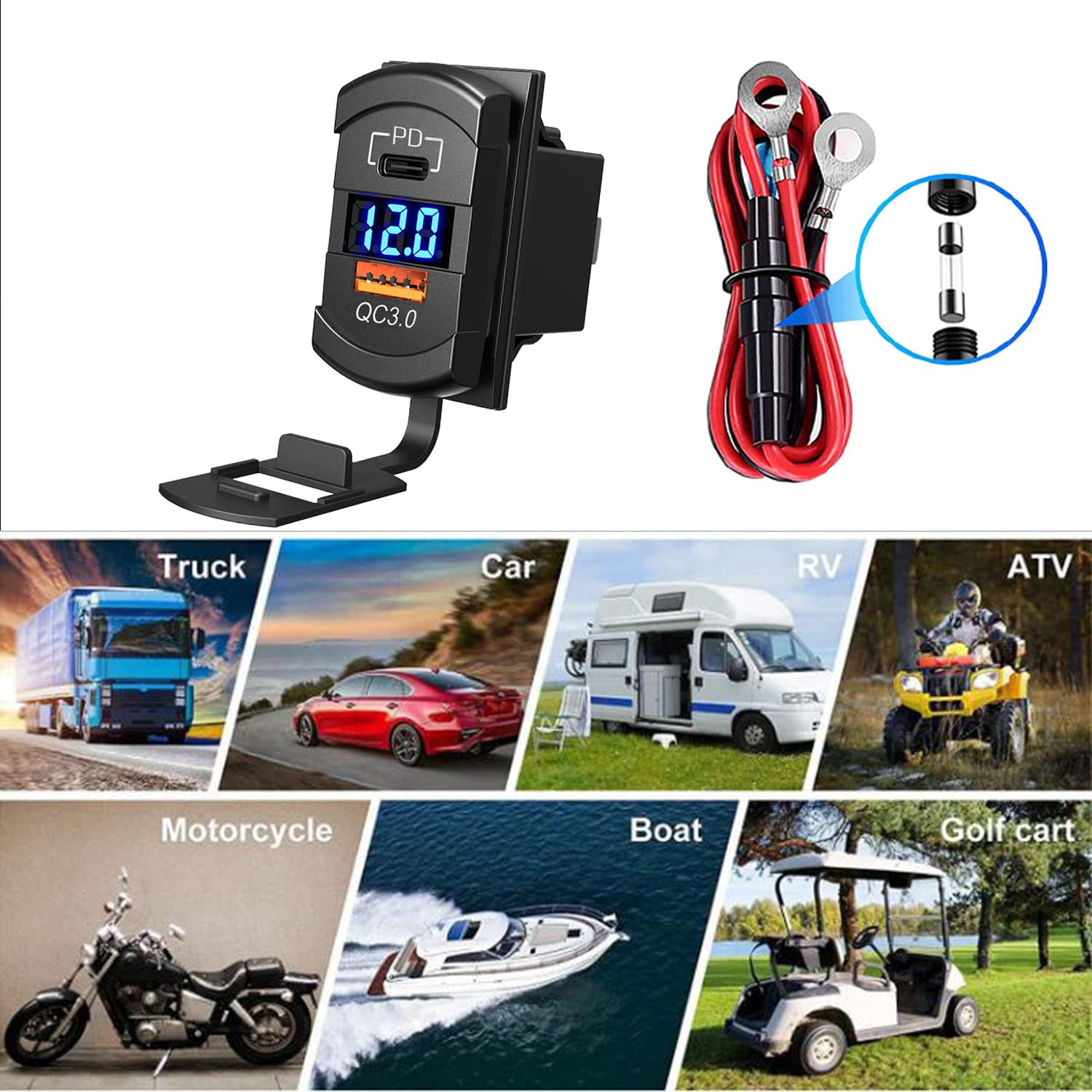 Caricatore USB 60W PD tipo C/QC 3.0 con interruttore a pulsante LED voltmetro presa di corrente ricarica rapida per 12V 24V auto camion moto camper  202192403