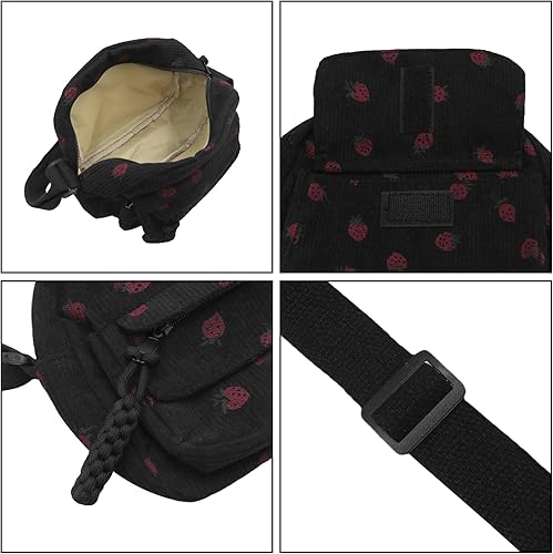 Miniatura 32 de Bolso cruzado de pana de fresa para mujeres y niñas, bonito bolso de mano con diseño de fresa, bolso de mensajero pequeño, bolso de hombro