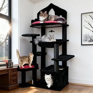 Gothic Cat Tree with Coffin Bed, Spooky Cat Tower with Scratching Post, Goth Cat Tower with Spacious Cat Condo Black Cat Tree with Regal Throne Bed, Black Spider Figurine
