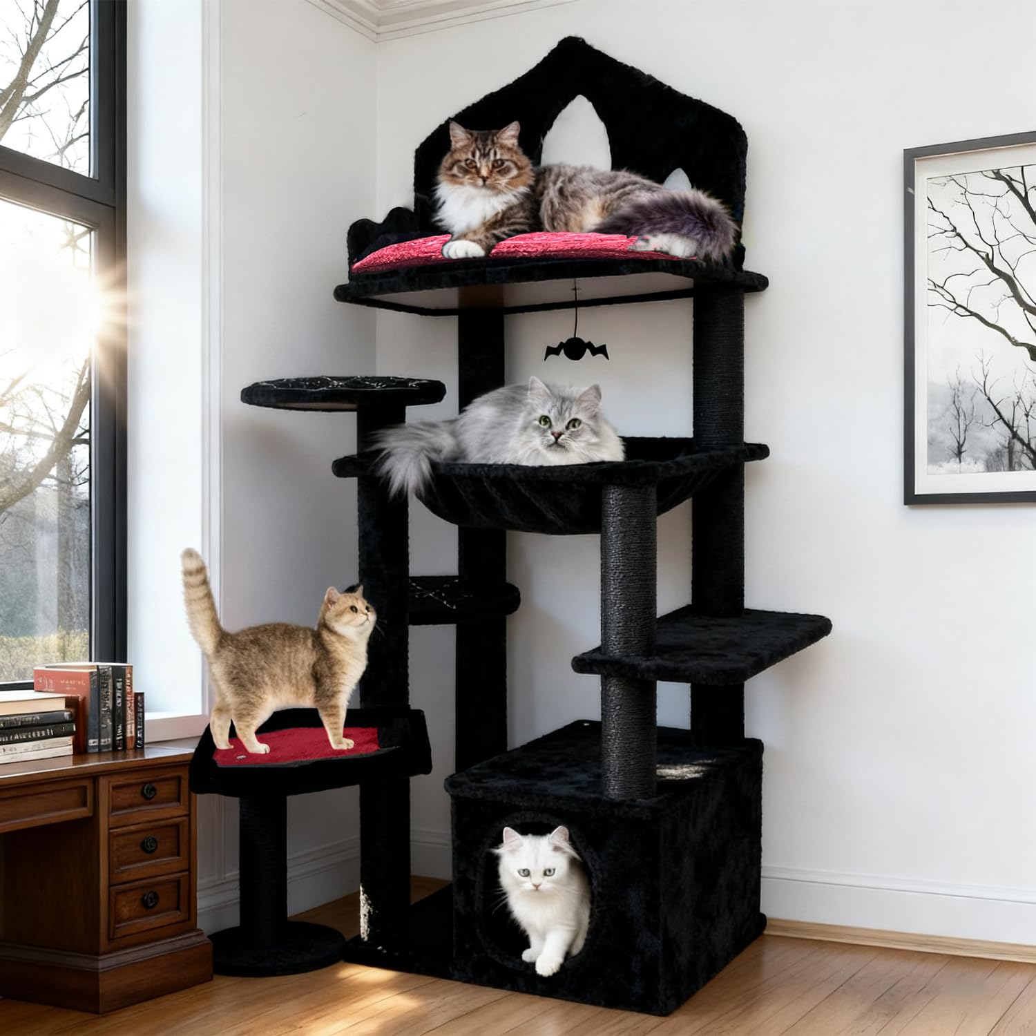 Gothic Cat Tree with Coffin Bed, Spooky Cat Tower with Scratching Post, Goth Cat Tower with Spacious Cat Condo Black Cat Tree with Regal Throne Bed, Black Spider Figurine
