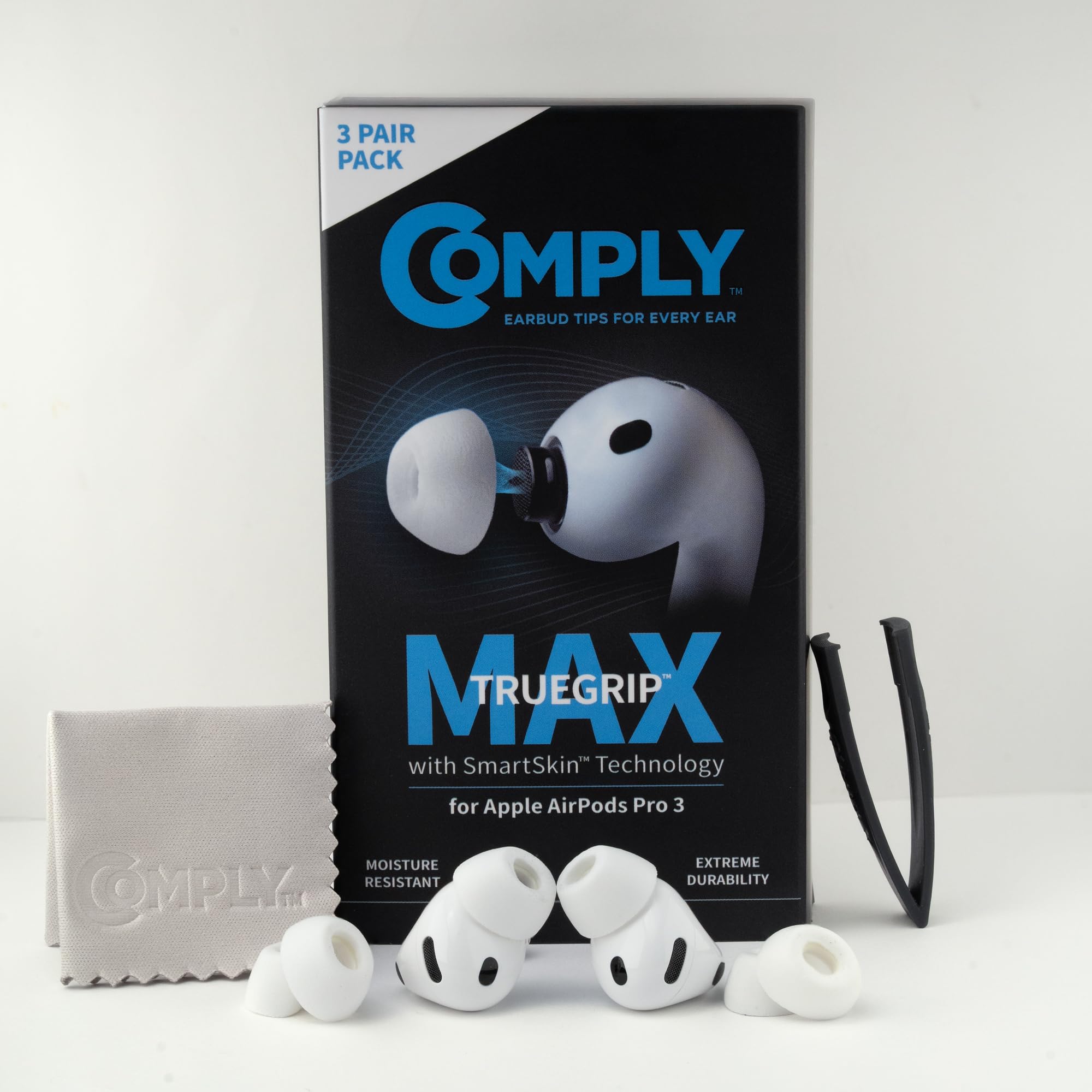 Comply TrueGrip MAX Premium Memory Foam Replacement Earplugs for Apple AirPods Pro (3rd Generation) SmartSkin Technology Excellent Noise Isolation White Size M 3 Pairs