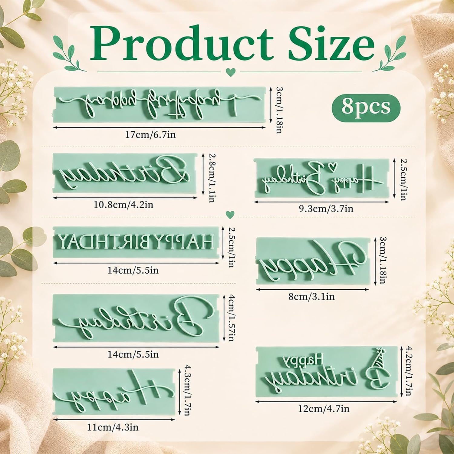 8 Pcs Happy Birthday Fondant Stamp, Happy Birthday Stencil Reusable Cake Words Stamp Printed Cookie Stamps Letters Embosser Letter Molds for Cake, DIY Cupcake Decorating (Green)