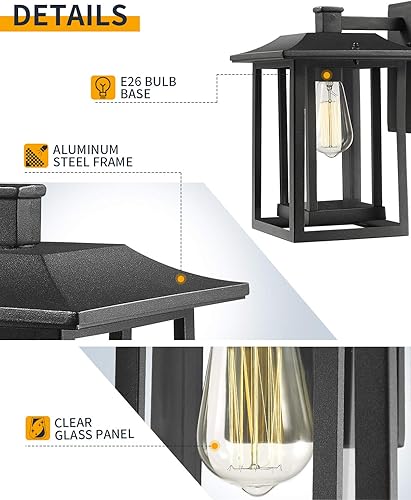 Miniatura 4 de Beionxii A197W-1PK - Lámpara exterior grande para montaje en pared para patio, porche de casa, aluminio fundido negro con vidrio transparente (13.5