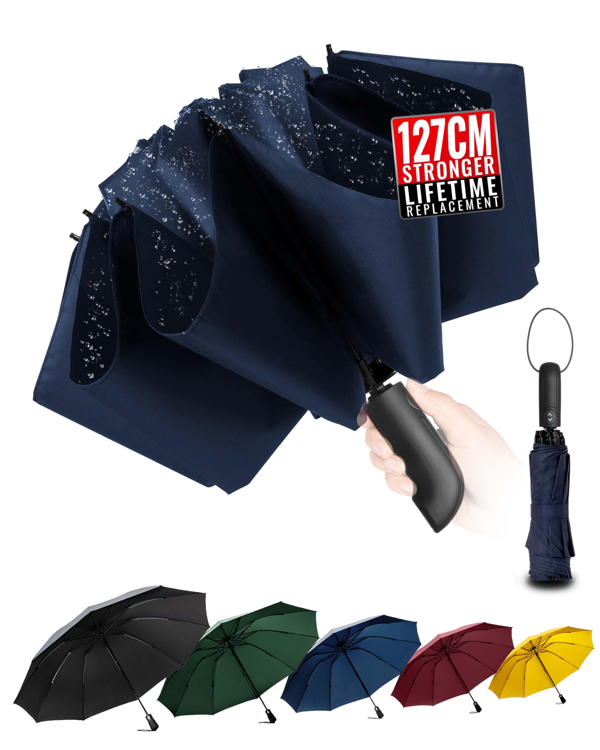 Conlun Ombrello pieghevole antivento pioggia compatto anti-tempesta - automatico blu per uomo, rivestimento in Tessuto 210T, ombrello inverso da 114 cm, grande 10 ossa Regali di Natale