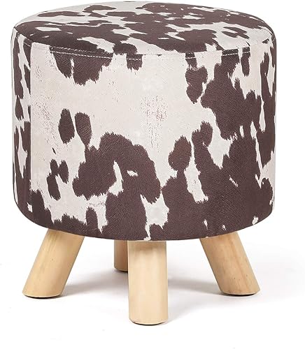 Miniatura 8 de Reposapiés otomano redondo de tela de lino, asiento pequeño con patas de pino para dormitorio, sala de estar (azul) Azul,Redondo, vaca