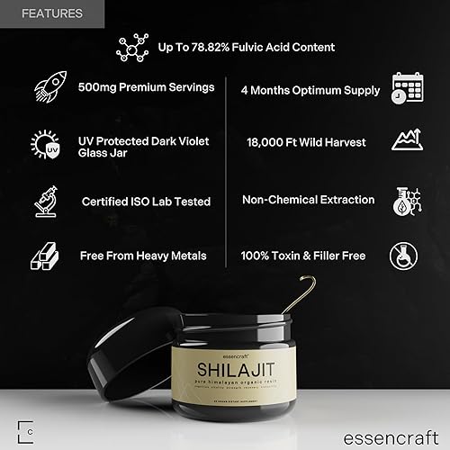 Miniatura 4 de Essencraft Shilajit - Resina Shilajit orgánica pura del Himalaya, 500 mg de potencia máxima, 85+ oligominerales ácido húmico y fúlvico, suplemento