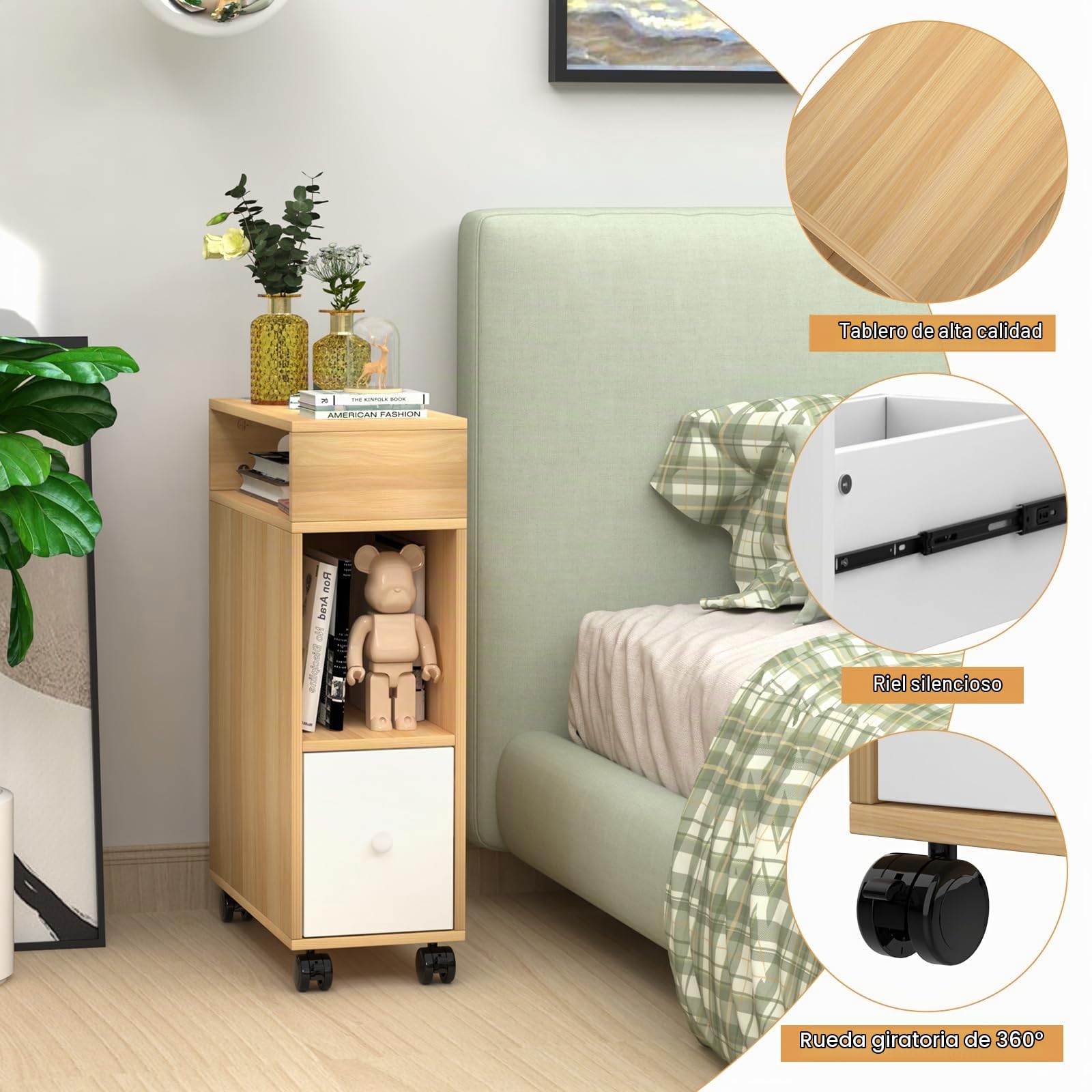 Mesilla de Noche Estrecha con Estación de Carga, Mesita de Noche con Puertos USB, Mesita Auxiliar con Cajones y Estante, Mesita de Noche Para Habitaciones Pequeñas, Mesa Auxiliar con Ruedas