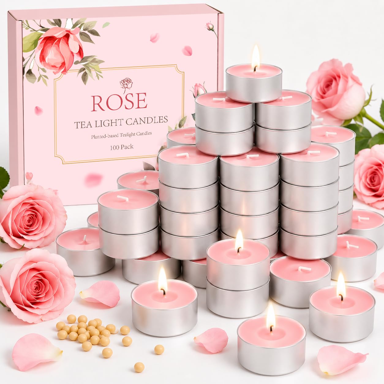 Rose Scented Tea Lights 100 Pack – Soy Wax Candles, 4H Burn, Gift Box