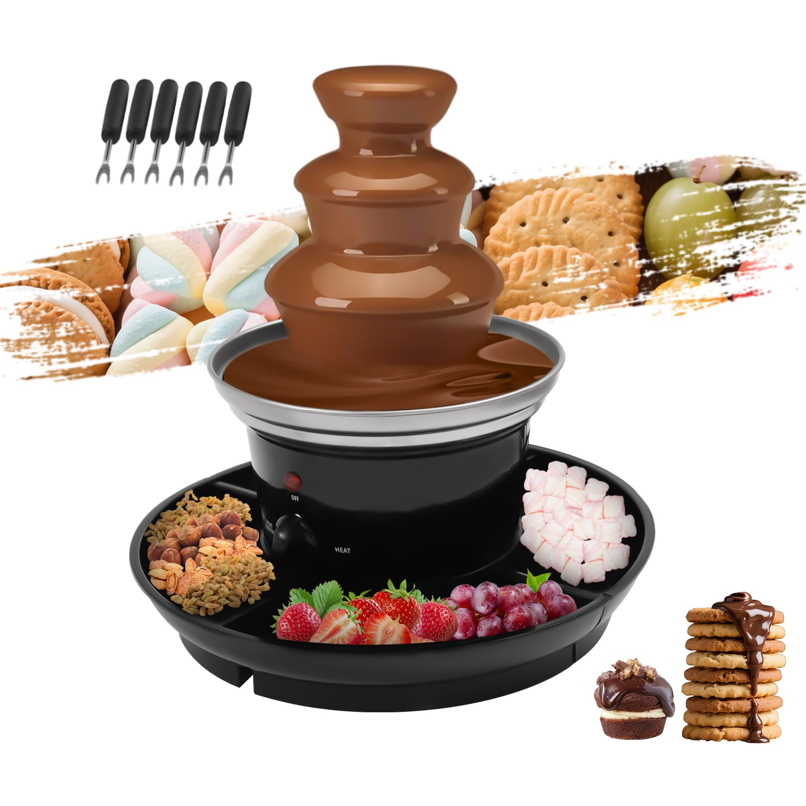 Fontanna czekoladowa 40 W, 450 g, 230 V, stal nierdzewna, 3 stopnie kaskadowe, fontanna czekoladowa, ze stali nierdzewnej, z tacą na jedzenie, wieżą i widelcami, na uroczystości rodzinne, jubileusze