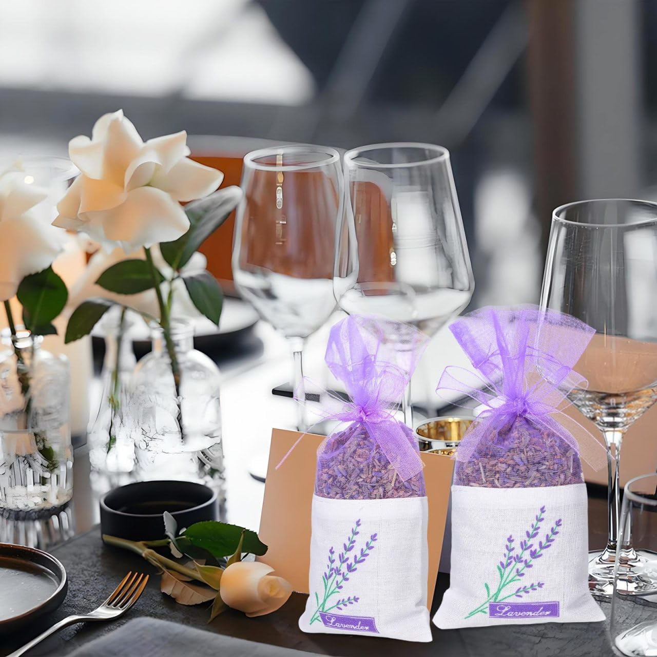 DOITOOL Lavender Sachet Bags 25 Pack Lavender Sachet Bags Empty Pouches for Buds Rose Organza Gauze (Light Purple)