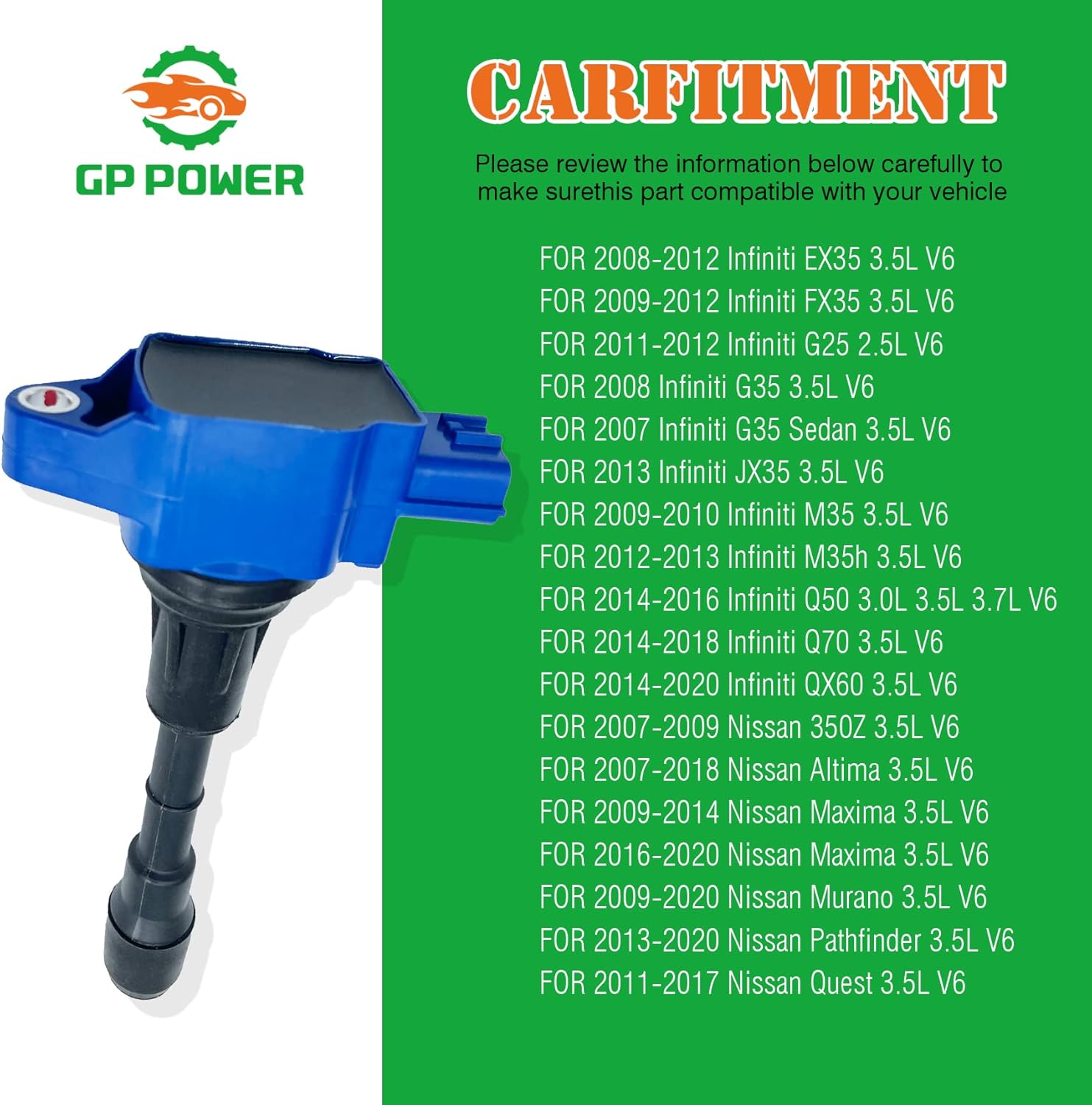 IGNITION COIL UF550 22448JA10C 22448-JA10A UF-550 SET OF 6 COMPATIBLE WITH INFINITI EX35 FX35 G25 G35 JX35 M35 M35H Q50 NISSAN 350Z ALTIMA MAXIMA MURANO PATHFINDER QUEST 2.5 3.5 V6 VQ25 VQ35