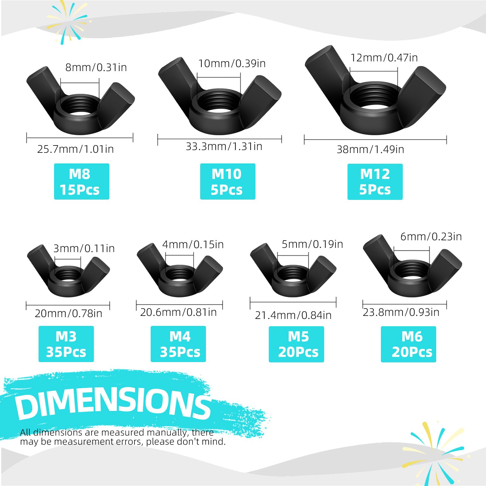 Cimeton 135PCS Wing Nuts Assortment Kits Carbon Steel M3 M4 M5 M6 M8 M10 M12 Black Butterfly Nut Wing Nuts Fasteners Wingnuts Hand Twist Tighten Ear for Home Building Industry - Image 2