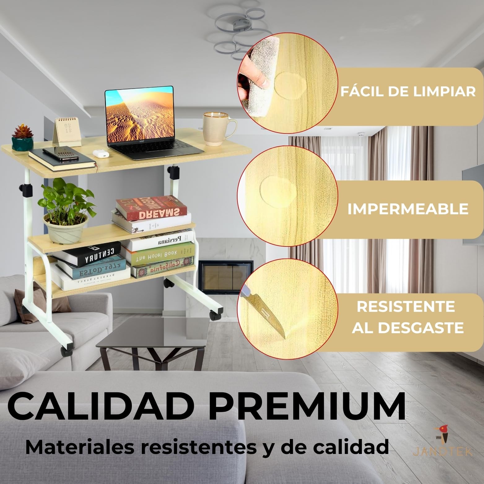 Mesa Ordenador Portátil con Ruedas y Altura Regulable – Escritorio Pequeño para Sofá, Cama y Teletrabajo – Mesa Auxiliar con Estante Inferior para Espacios Reducidos (Marron 80x40)
