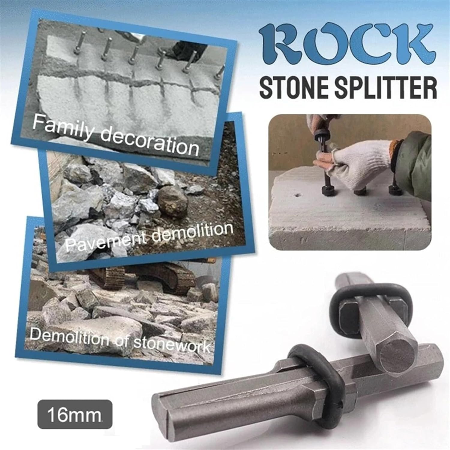 1/5PCS Stone Splitting Tool Stone Splitter Metal Plug Wedges Concrete Rock Splitters Hand Tool 14/16/18mm Stone Chopper Chisels(16mm5pcs)