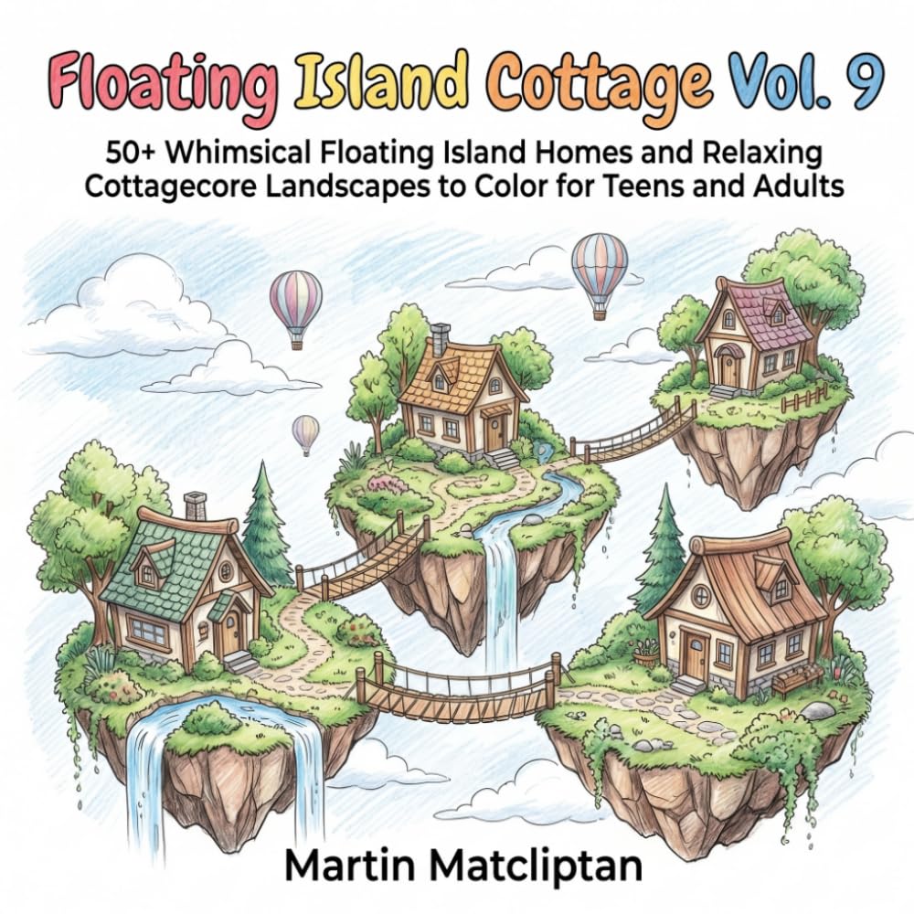 Floating Island Cottage Vol. 9: 50+ Whimsical Floating Island Homes and Relaxing Cottagecore Landscapes to Color for Teens and Adults (Cozy Cottage & Slow Living)