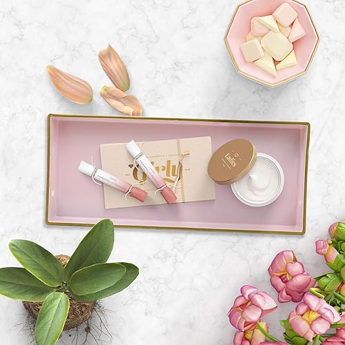 Miniatura 4 de Bandeja de tocador rosa con asas, bandeja decorativa organizadora de almacenamiento de escritorio para baño, sala de estar, 5.9 x 13.7 pulgadas
