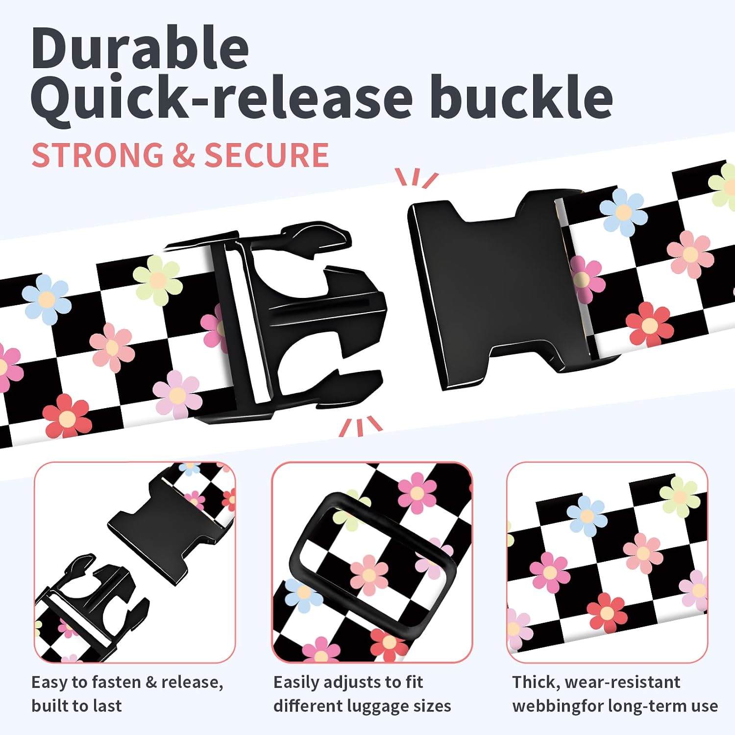 Luggage Strap for Suitcases Adjustable Travel Belt with Quick Release Buckle, Cute Travel Accessories for Suitcase Strap Floral Checkerboard image 3