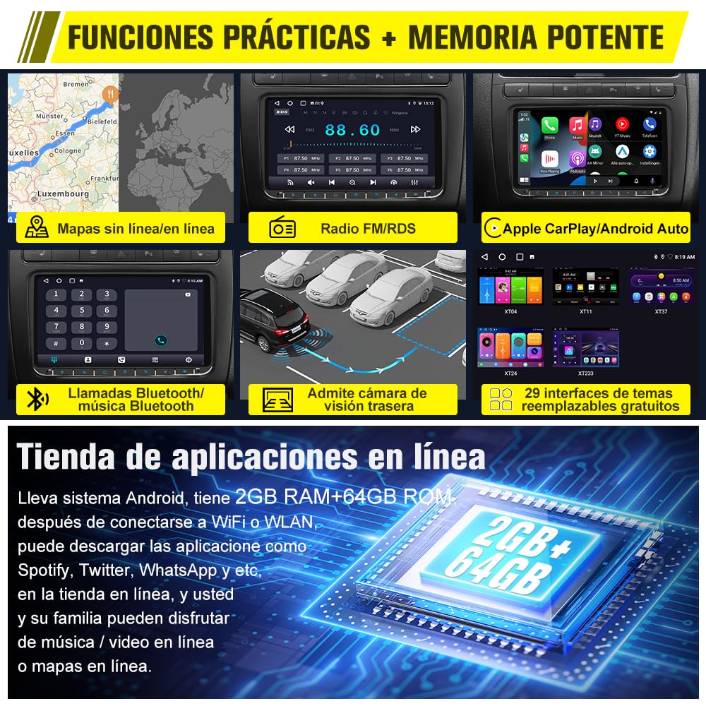 Hexinex【2+64G】Radio de Coche Android con Pantalla Táctil para VW, Autoradio de 9'' con CarPlay/Android Auto/Mirror Link,Compatible con WiFi/GPS/Bluetooth/RDS/USB/FM/Mandos del Volante y Cámara Trasera