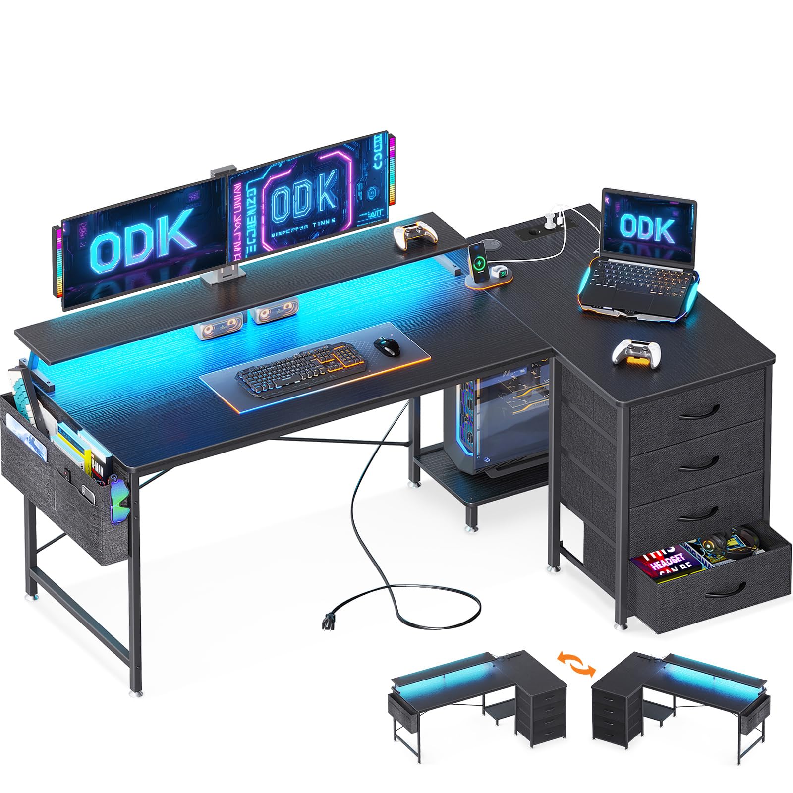 ODK Reversible Corner Desk, L-Shaped Gaming Desk with LED, L Table with 4 Drawers, Computer Table with USB Charging Port and Home Power Outlet (Black, 160x80x84.5cm)