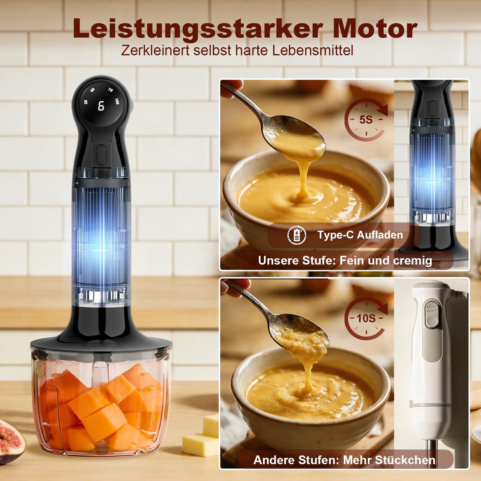 Camic Stabmixer, 4-in-1 Pürierstab, Kabelloses Elektrische Stabmixer mit 6-Stufiger + LED-Anzeige, Inklusive Edelstahl-Mixfuß, Schneebesen und 500ml Lebensmittelhacker für Suppen, Babynahrung