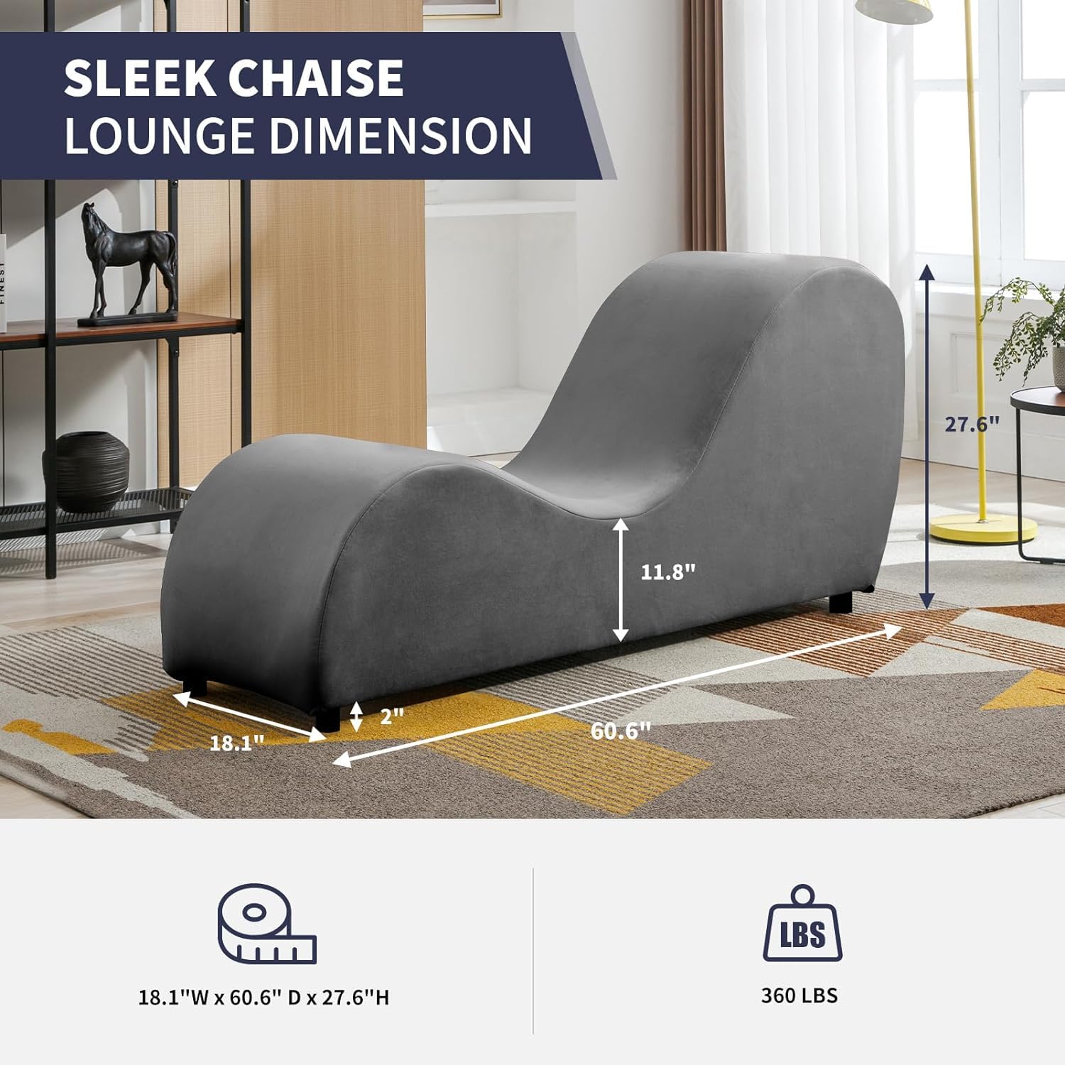 iJuicy Modern Chaise Lounge for Stretching, Relaxation, Meditation - Velvet Material, Curved Design, Suitable for Bedroom, Living Room-: Dark Grey