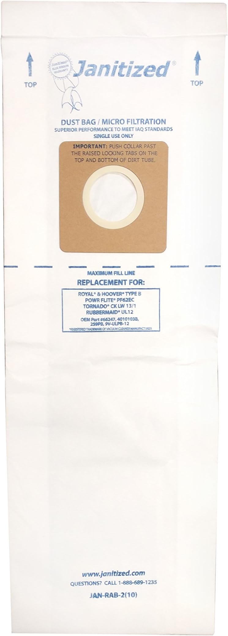 Janitized JAN-RAB-2(10) Paper Premium Replacement Commercial Vacuum Bag for Royal Type B, Hoover Allergen B, Powr Flite PF62EC Vacuum Cleaners (10-10 Packs)