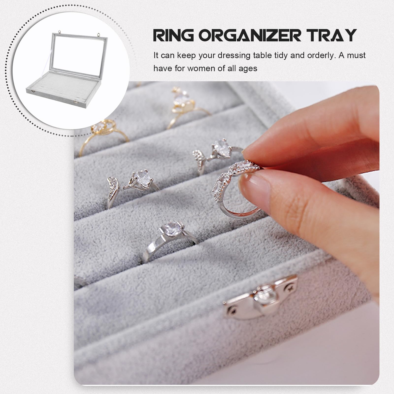 TOPBATHY Bandeja Organizadora de Anillos con 100 Ranuras Tapa Transparente y Diseño en Gris de Terciopelo Caja para Exhibición y Almacenamiento de Joyas Soporte para Pendientes y