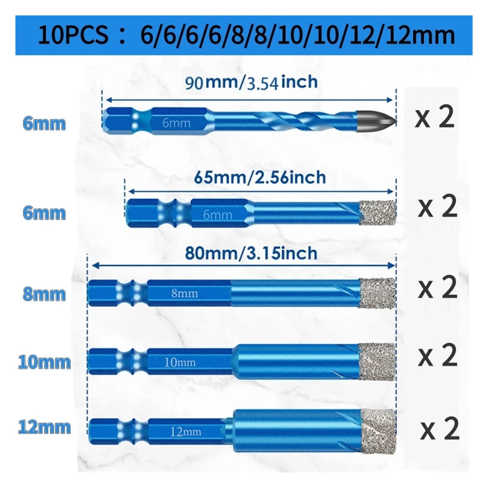 Juego de brocas diamante en seco - Kit 5/7/10 piezas | En 6/8/10/12 mm for porcelana, granito, azulejos, vidrio, cerámica y mármol.(10pcs set)