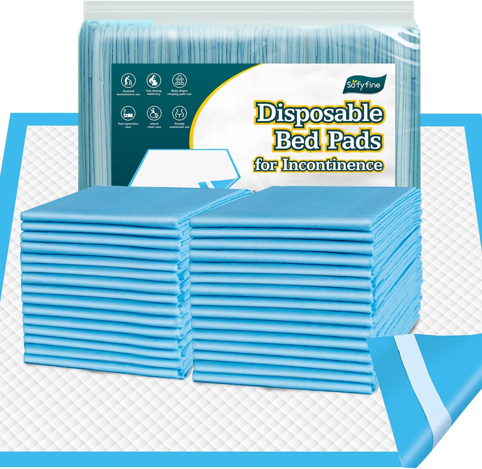 SOFYFINE Disposable Bed Pads 30 x 36 in (50 Count), Extra Large Thicken Hospital Underpads for Incontinence, Heavy Absorb Chucks Pads for Adults, Kids, Babies and Puppy