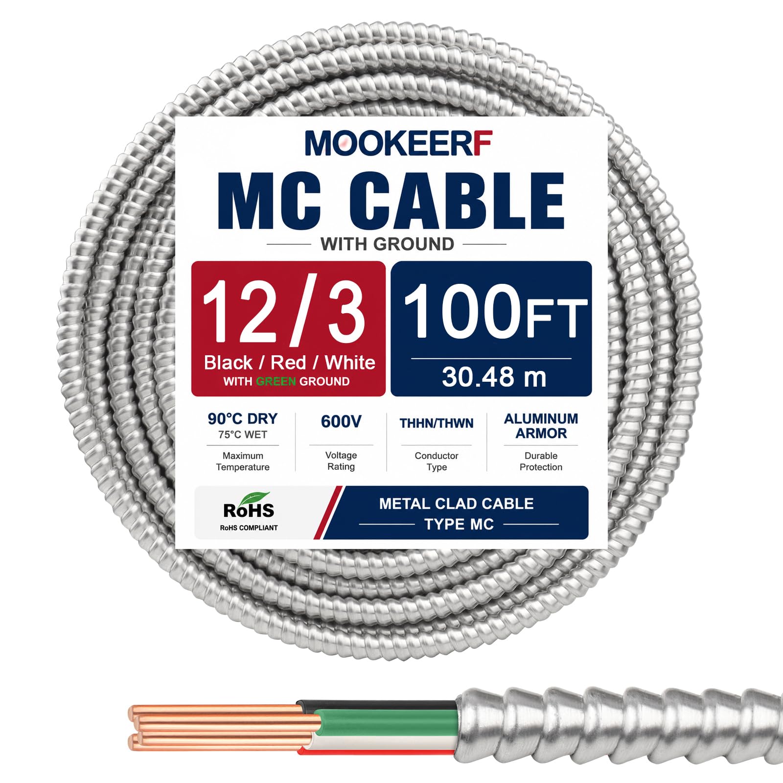 12/3 MC Cable with Ground - 100FT Pure Copper 12AWG/3 Metal Clad Wire with Aluminum Armor 12 Gauge 3 Conductor Type MC Alum Cable